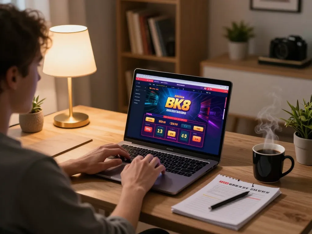 Player engaging with BK8 online casino on a laptop with notes and coffee at home.