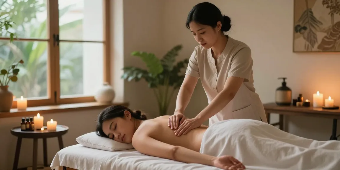 대치동마사지의 편안한 스웨디시 마사지 장면, 아로마 오일과 촛불로 아늑하게 장식된 스파 환경에서 고객에게 휴식을 제공하는 테라피스트 모습