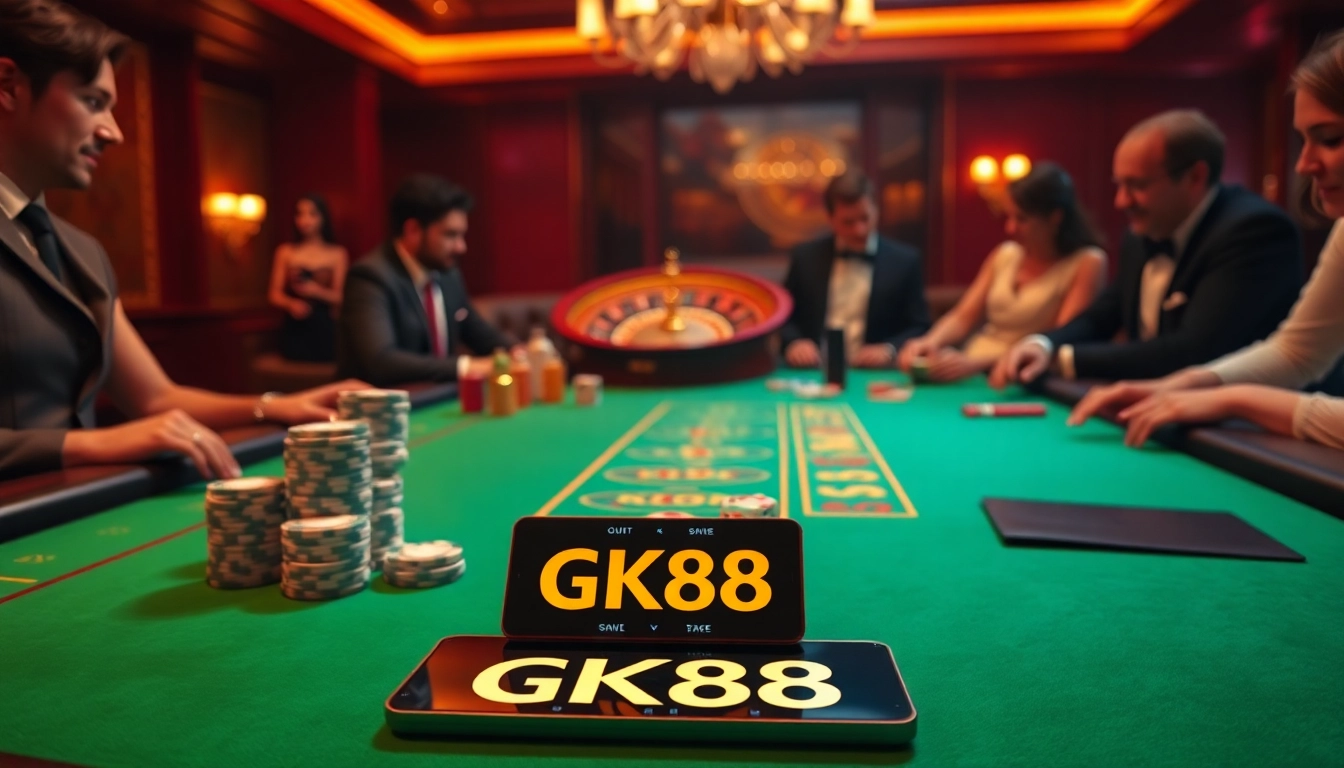 Engage in exhilarating casino gameplay with GK88-themed strategies, featuring a vibrant blackjack table.