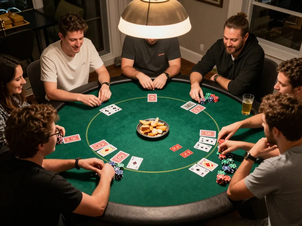 B52 club players engaged in a thrilling poker night, surrounded by chips and cards, showcasing social gambling excitement.