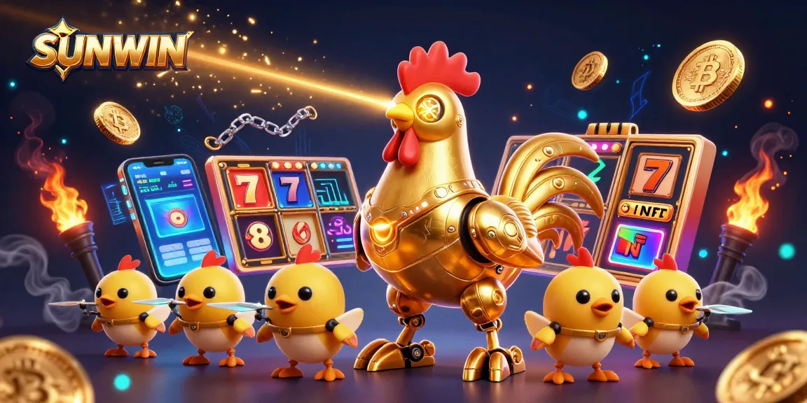 SUNWIN players engage with a vivid slot game scene featuring a futuristic golden rooster and baby chick drones.