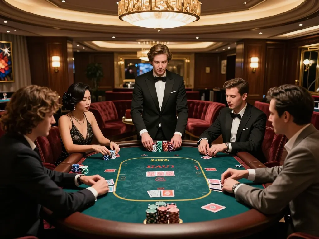 VIP gaming area showcasing intense poker gameplay at tập đoàn ATQ casino, highlighting luxury and strategy.