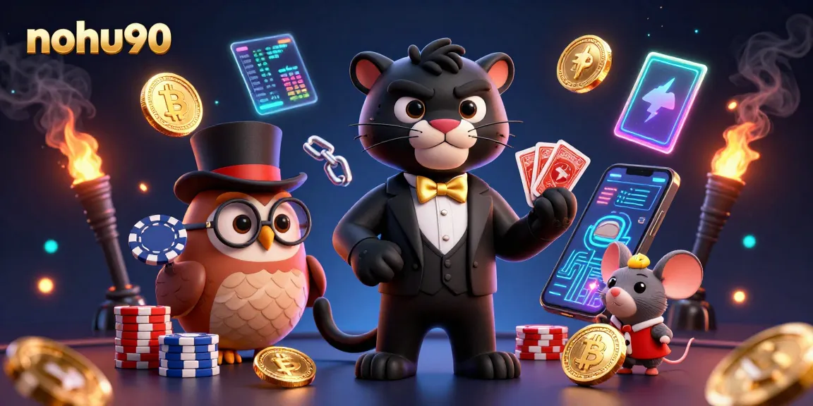 Nohu90 features an elegant cartoon panther dealing cards amid vibrant casino elements, showcasing winning strategies.
