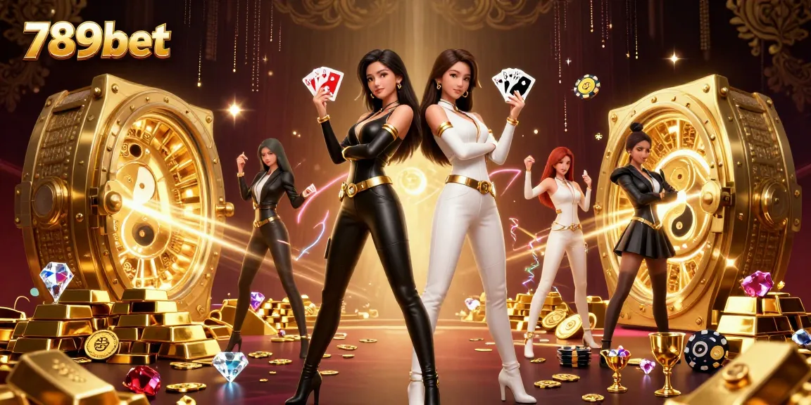 Engage in thrilling card games at 789bet with twin casino champions sporting vibrant outfits and contrasting cards.