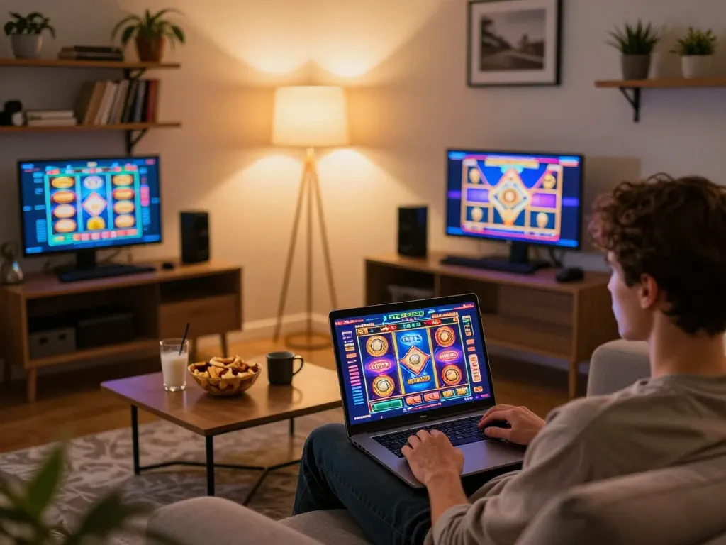 Playing colorful slots at the best widget store from the comfort of home, showcasing an engaging gaming setup.