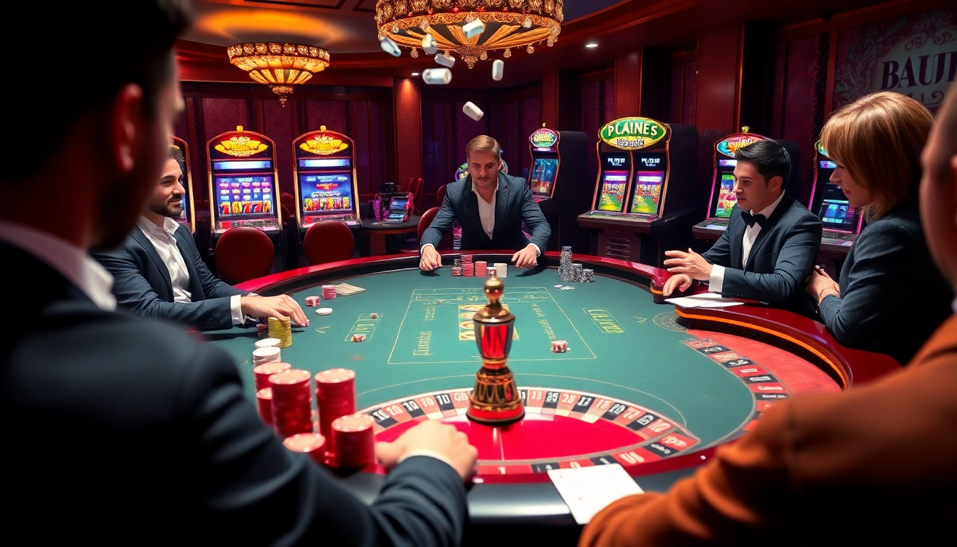 Scène excitante de joueurs engagés à une table de poker de casino en ligne avec roulette.