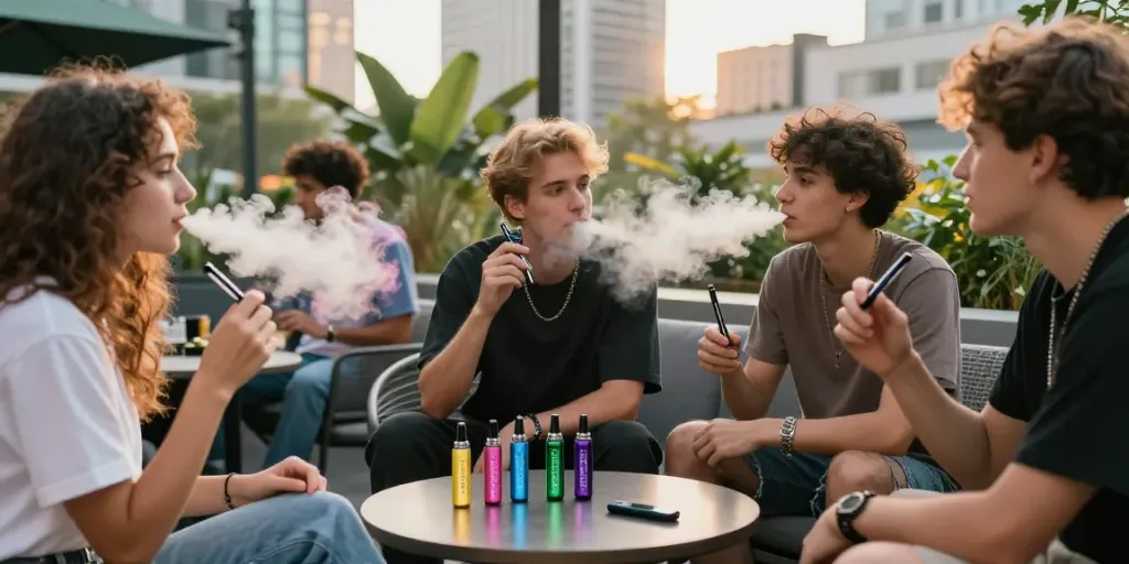 Diverse group enjoying Alien Labs pens in an urban lounge