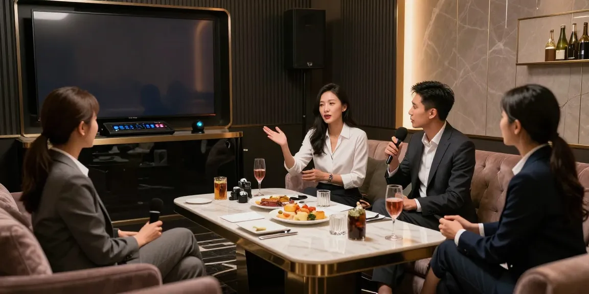 강남쩜오 프리미엄 가라오케 룸에서 비즈니스를 논의하는 전문가 그룹