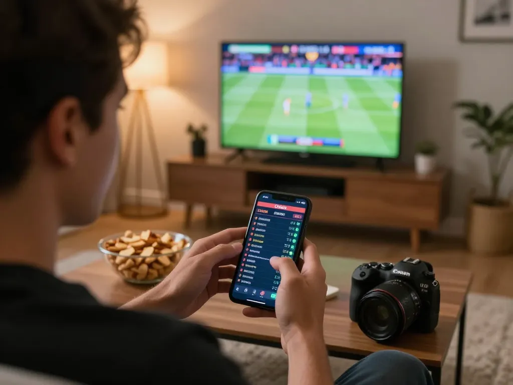 Person analyzing Iwin betting odds on smartphone during a live sports event in a cozy home.