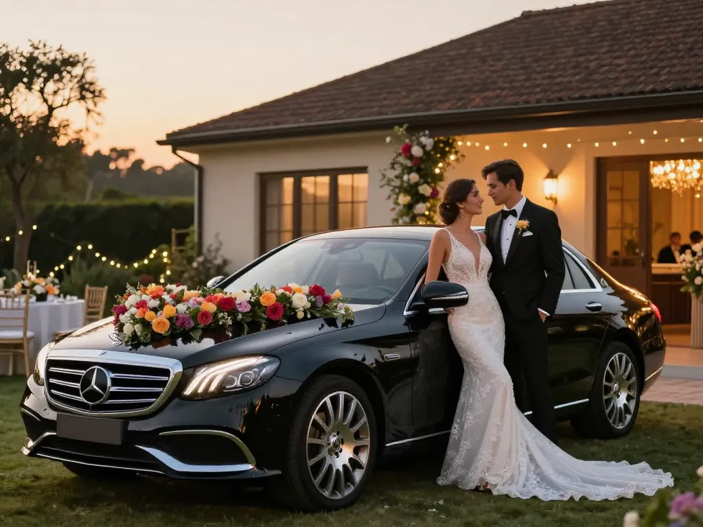 Trải nghiệm một đám cưới sang trọng với xe cưới Mercedes được bao quanh bởi những trang trí hoa tinh tế và không khí lãng mạn.