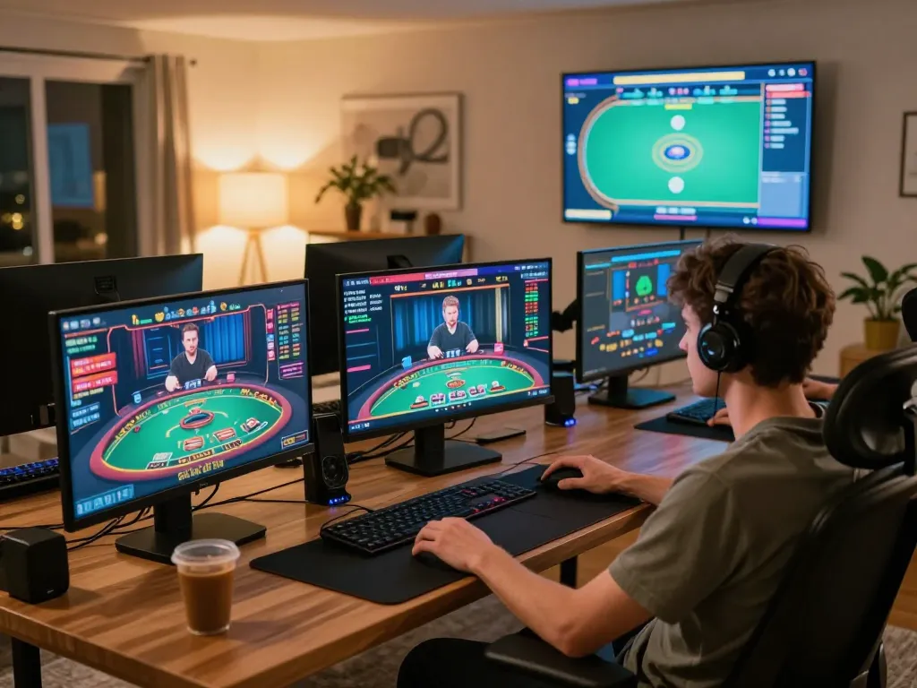 Engaging in an online bk8 casino game with multiple screens in a modern home setup.