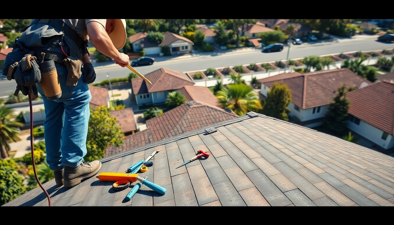 Engaging visual of Professional roofing services highlighting a skilled roofer at work on a vibrant sunny day.