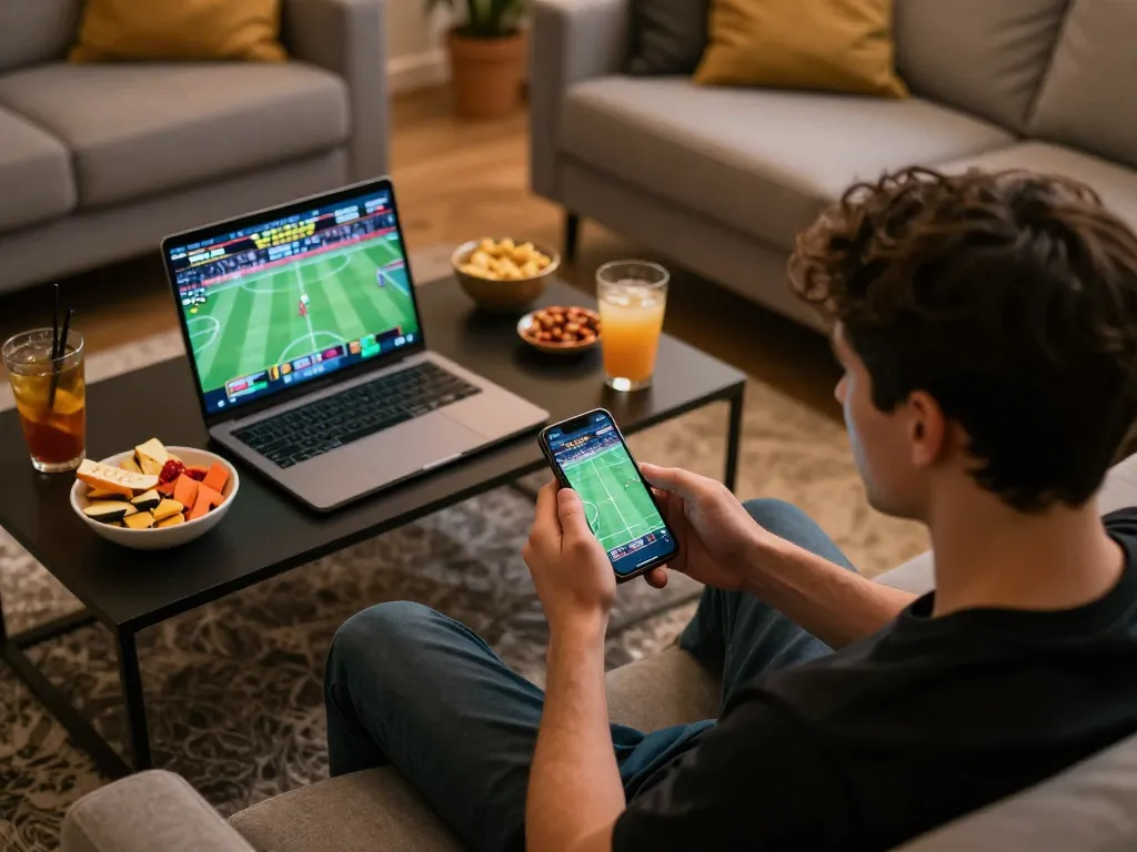 Betting on sports through rr88 with smartphone and laptop in a cozy living room setting