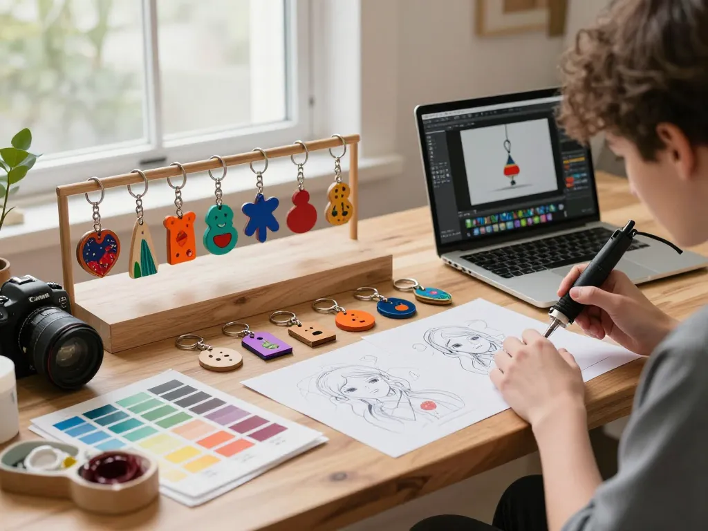 Vibrant custom key chains being designed in an artist's studio with colorful materials and tools.