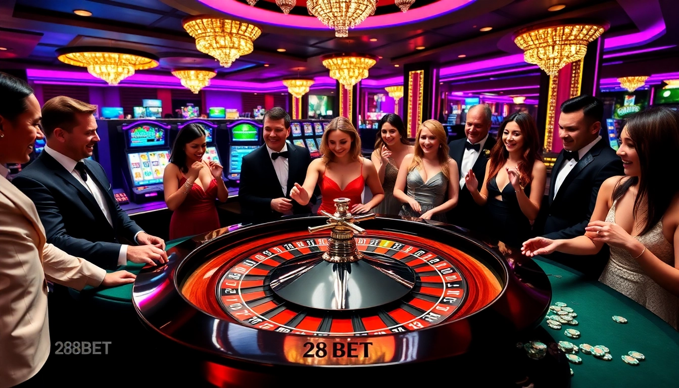 Place bets at 28BET on a luxurious roulette table with vibrant colors and exciting players.