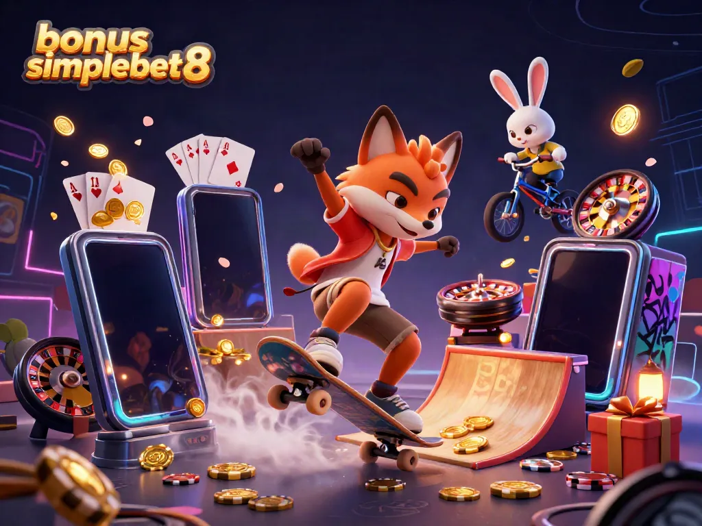Experience the excitement of bonus simplebet8 with a dynamic 3D scene featuring a skateboarder fox and BMX rabbit.