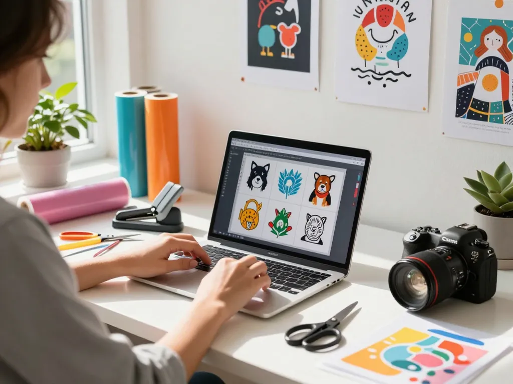 Crafting workspace featuring SVG bundle designs on a laptop with vibrant vinyl rolls and tools.