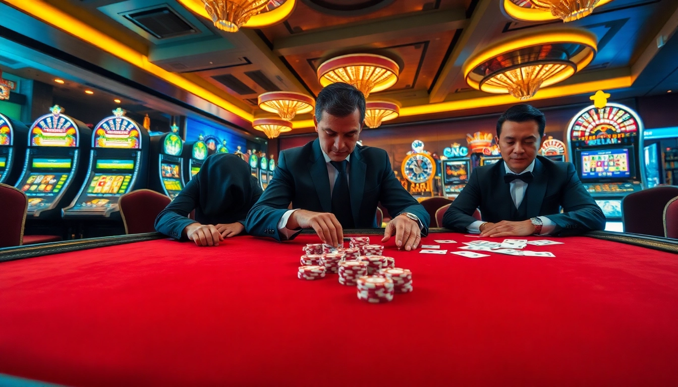 Permainan poker yang mendebarkan di kasino yang meriah dengan pemain yang fokus di meja.