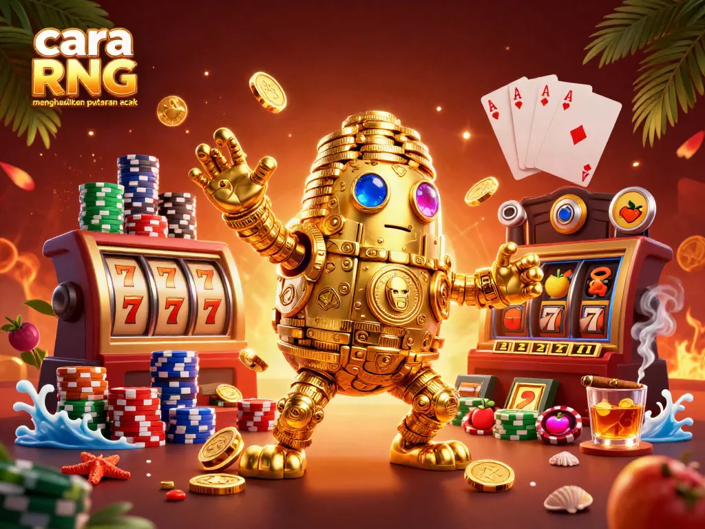 Gali cara RNG menghasilkan putaran acak dengan golem emas memukau dikelilingi simbol slot dan elemen kasino.