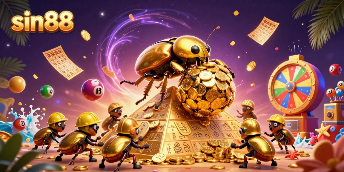 Experience sin88’s vibrant gaming world with a golden beetle rolling coins and lottery elements