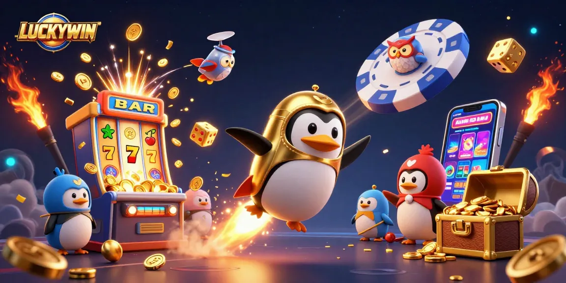 LUCKYWIN showcases an action-packed scene with a golden penguin launching through space, surrounded by explosive casino elements.