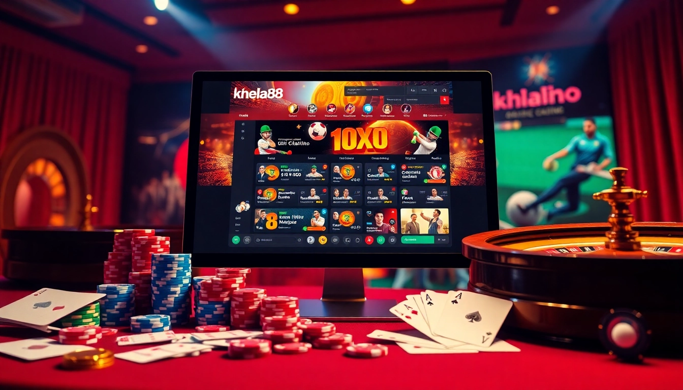 Khela88 casino showcasing an engaging online betting interface with poker chips and roulette wheels.