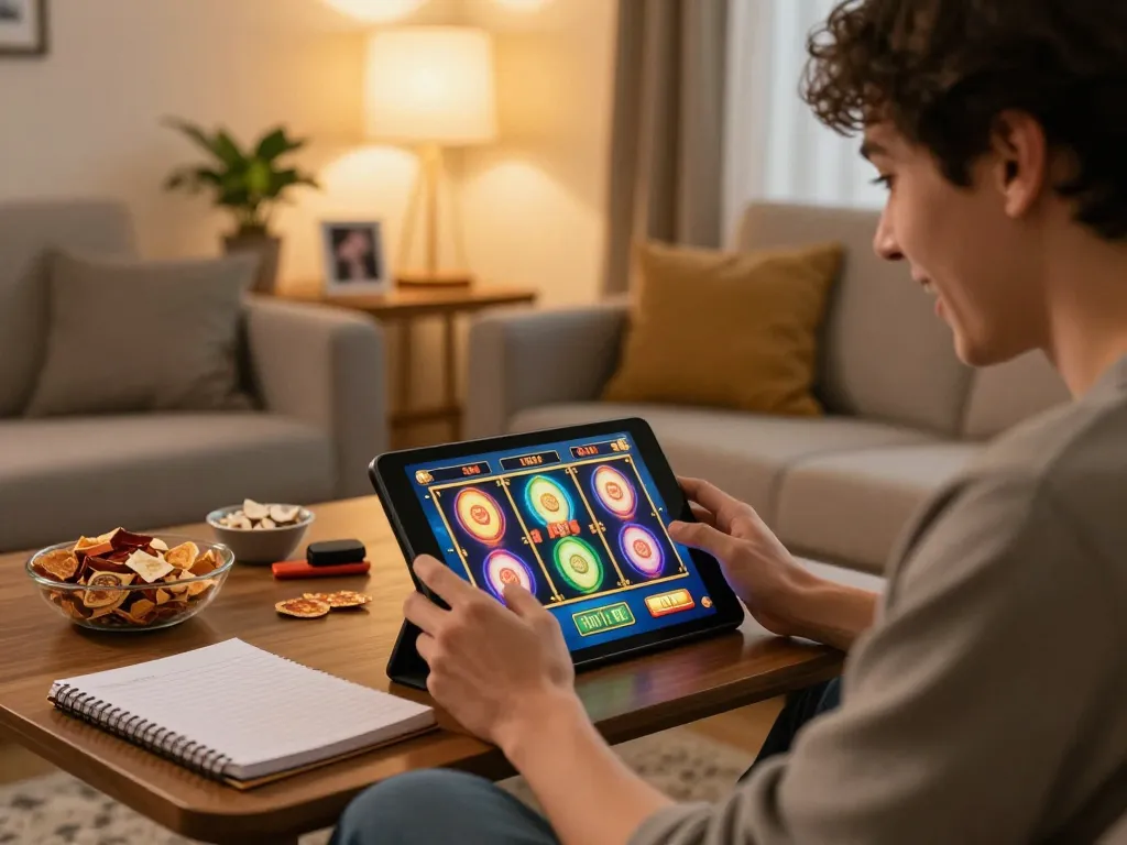 Engaging player enjoying high RTP games on a tablet, experiencing exciting moments with harga toto online slots