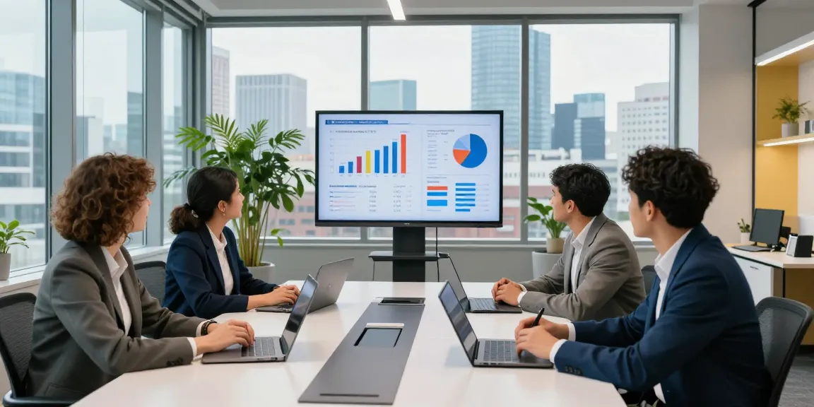 Collaboration meeting showcasing business mobile deals UK with a diverse team discussing analytics in a modern office.