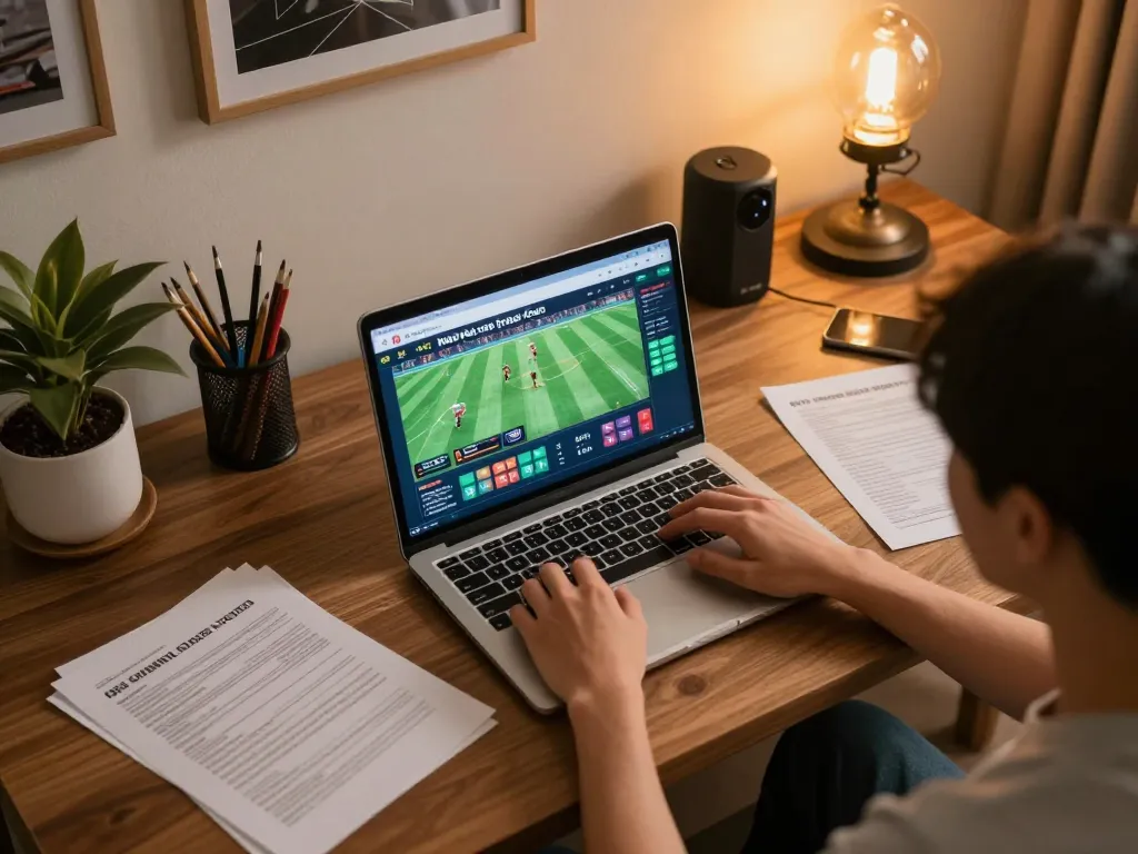 Engaging with Kèo nhà cái website for strategic online betting analysis in a cozy home setup.