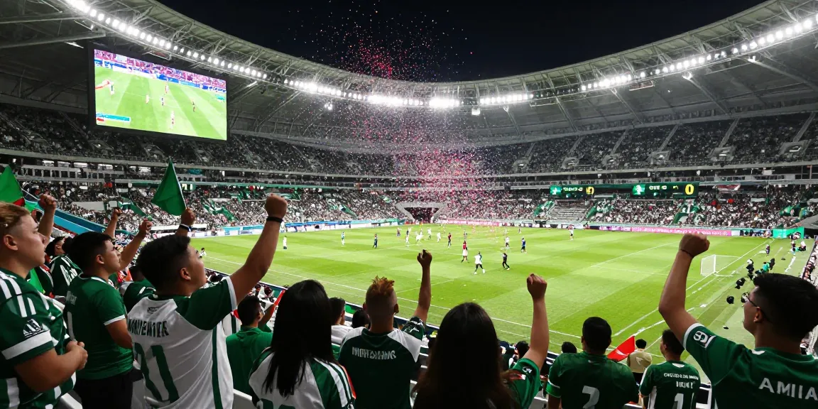 Nonton bola dengan kualitas HD, penggemar bersemangat di stadion menyaksikan pertandingan langsung.