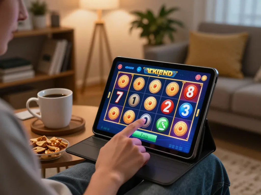 Enjoying slot gratis on a tablet at home, reflecting a fun and strategic online gaming experience.