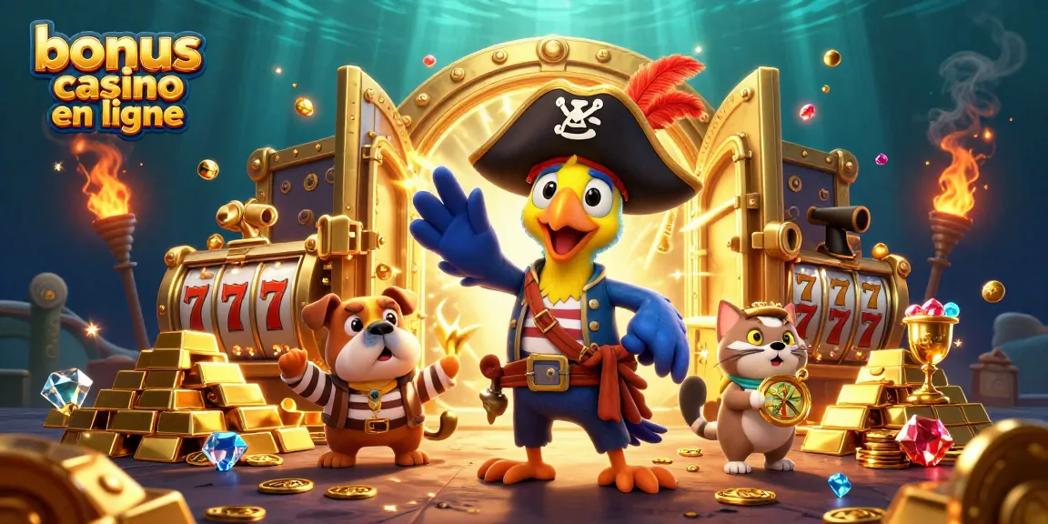 Venez découvrir le monde captivant des bonus casino en ligne avec un capitaine pirate cartoon, un bouledogue et un chat navigateur animés.