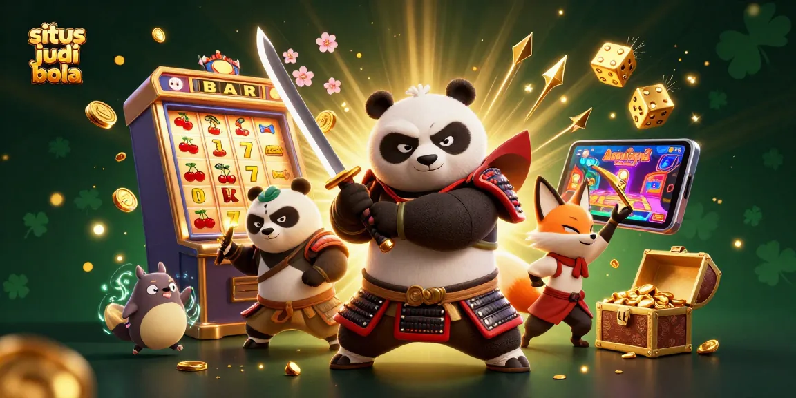 Situs judi bola action scene with a samurai panda, ninja fox, and energy-infused tanuki surrounded by slot game elements.