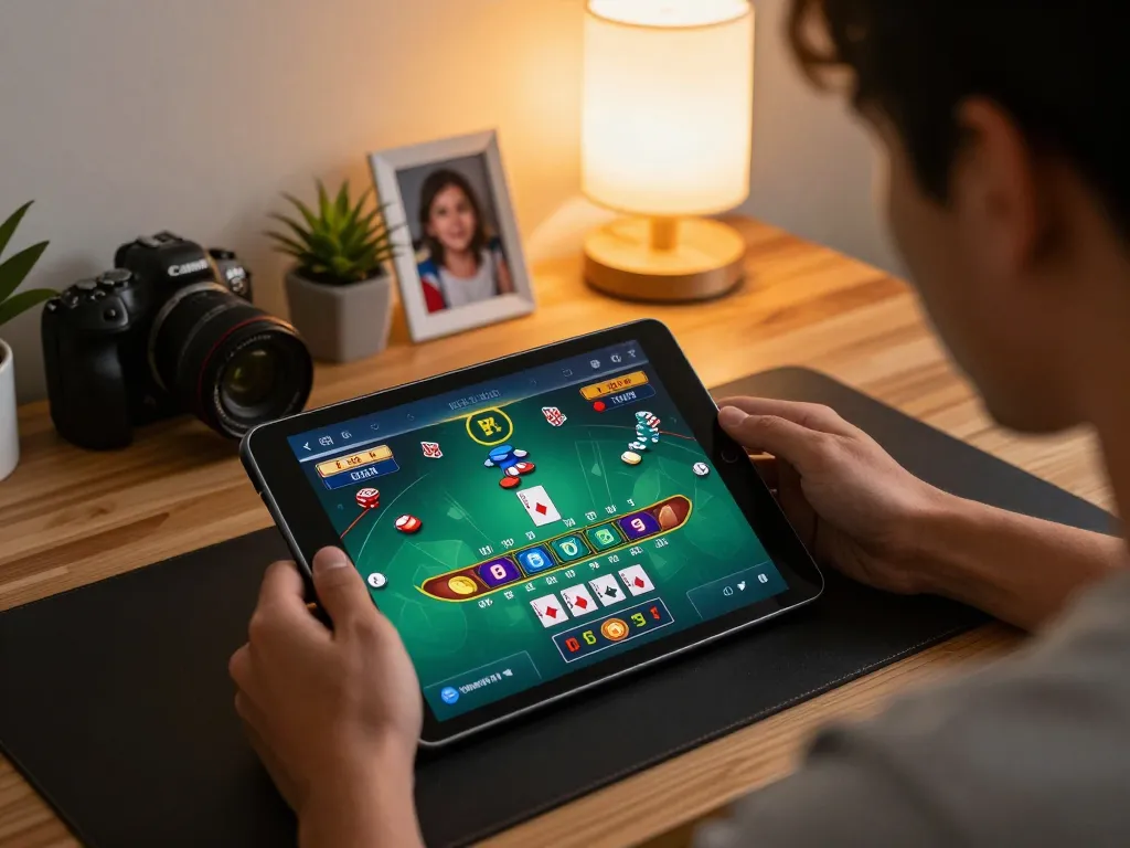 Engaging in strategic blackjack gameplay on 388bet using a tablet with real-time action displayed
