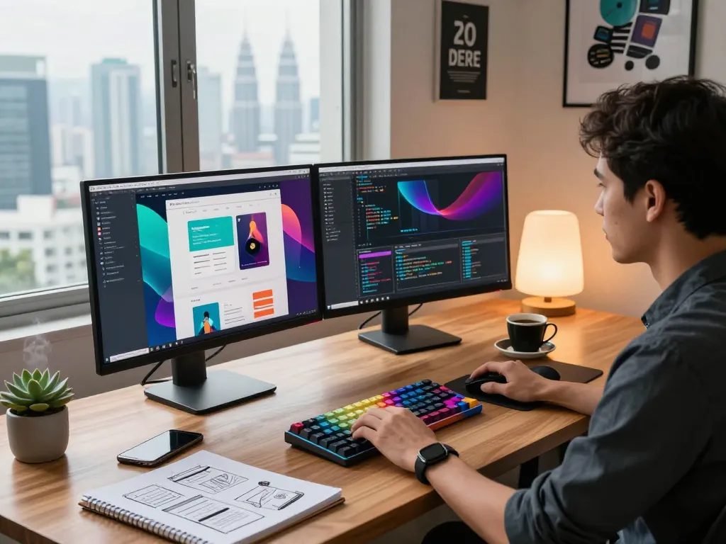 Freelance web developer Kuala Lumpur coding at modern workspace with dual monitors and coffee.