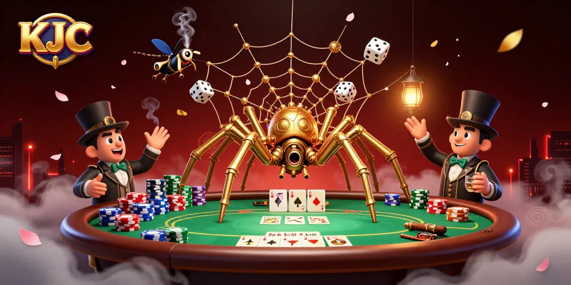 KJC enhances your poker game with a steampunk twist, featuring golden spider mechanics and vibrant chip stacks.