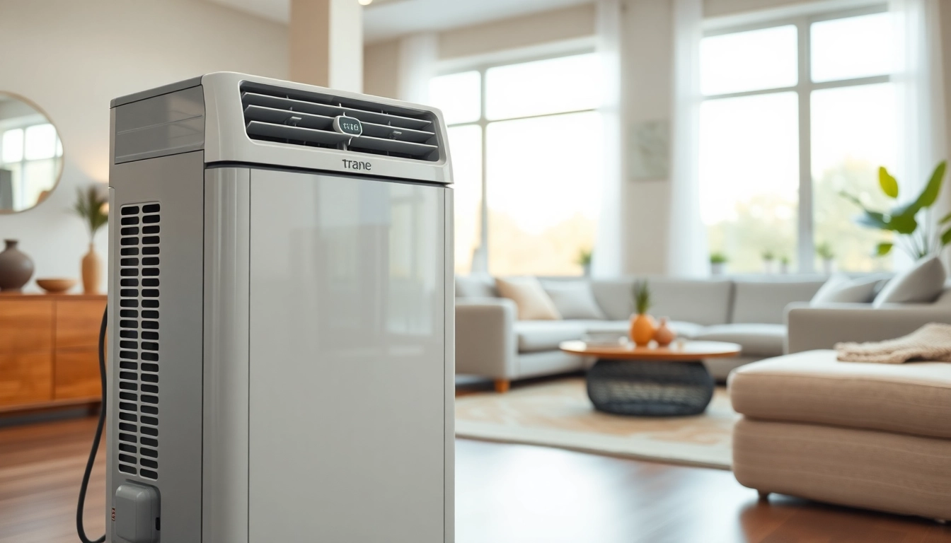 Ventilating Trane air conditioner Canada enhances cooling in a modern living room setting.