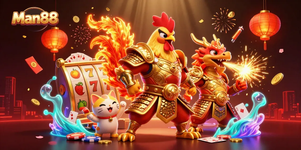 Experience the excitement of Man88 with a dynamic 3D casino scene featuring lucky elements and vibrant characters.