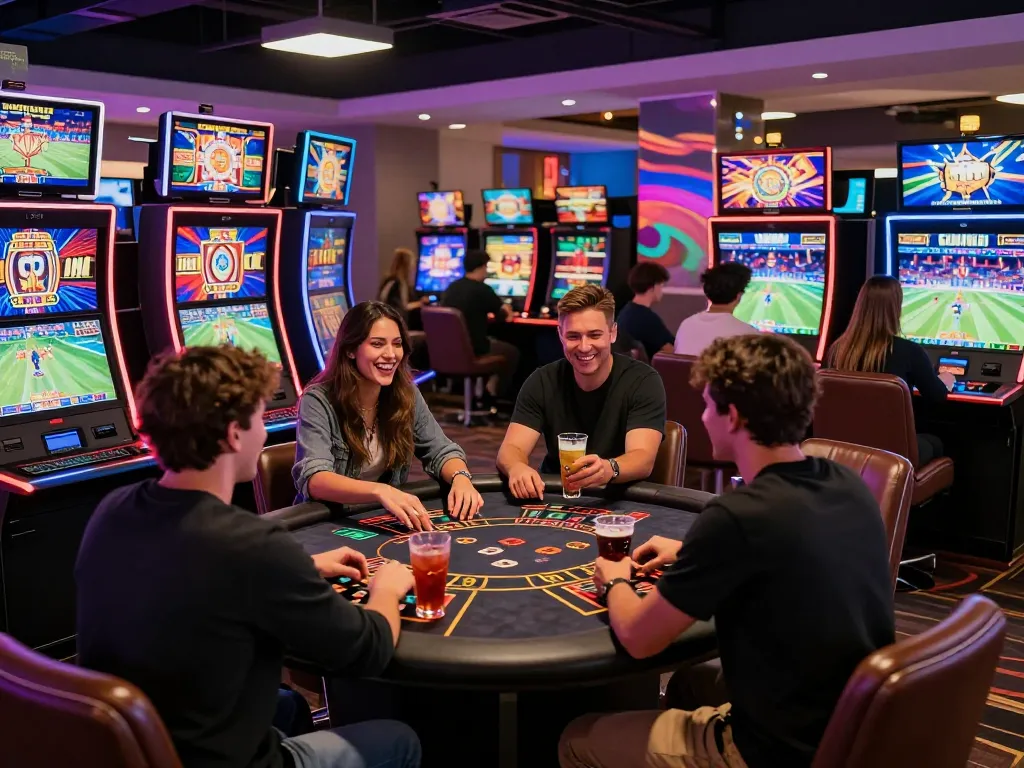 Exciting gaming night at sc881.COM online casino with vibrant slot machines and friends at a blackjack table.