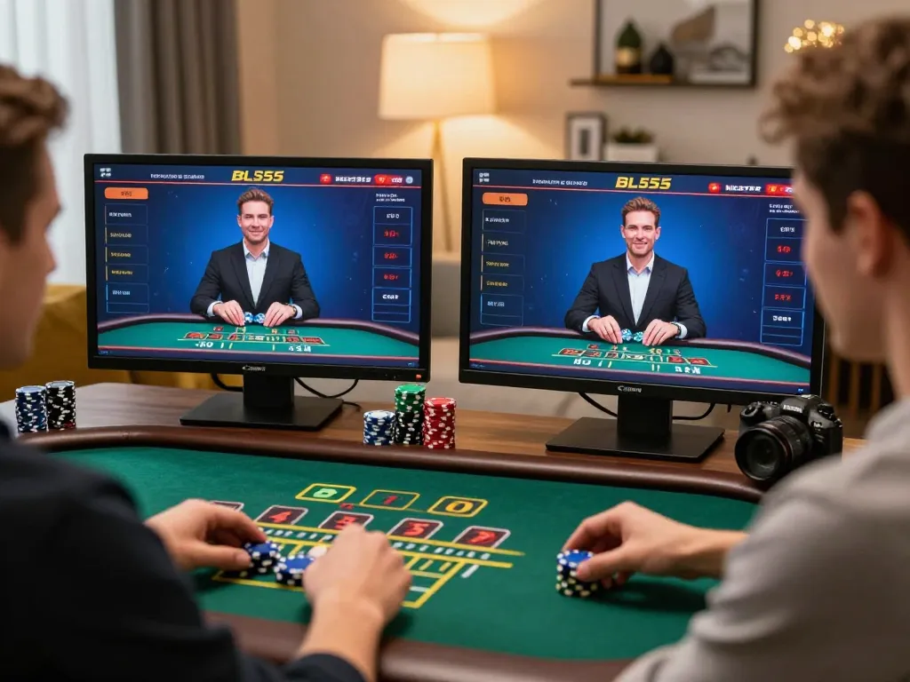 Engaged player at BL555 live dealer blackjack game, showcasing strategic gameplay and excitement.