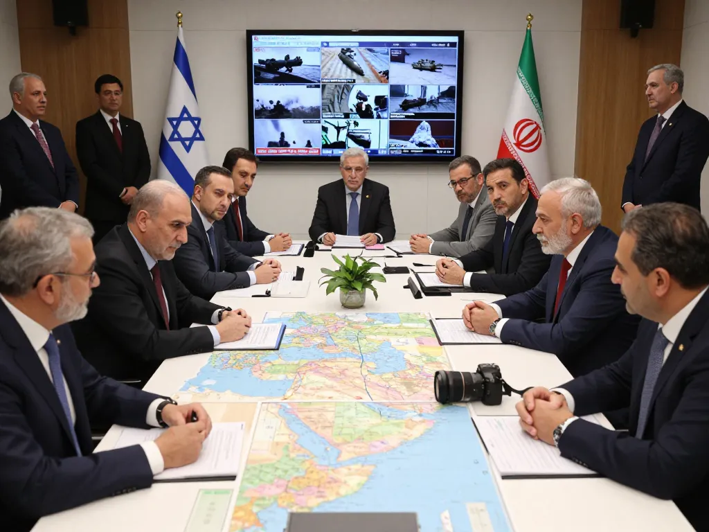 Diplomatic meeting addressing Israel Iran tensions, world leaders engaged in critical discussions with maps and digital news feeds.