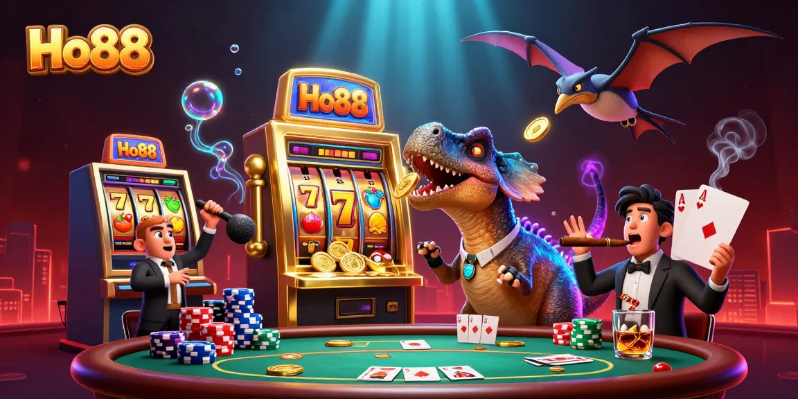 Ho88 pachycephalosaurus celebrates jackpot victory at a vibrant casino scene, surrounded by dynamic gaming elements.
