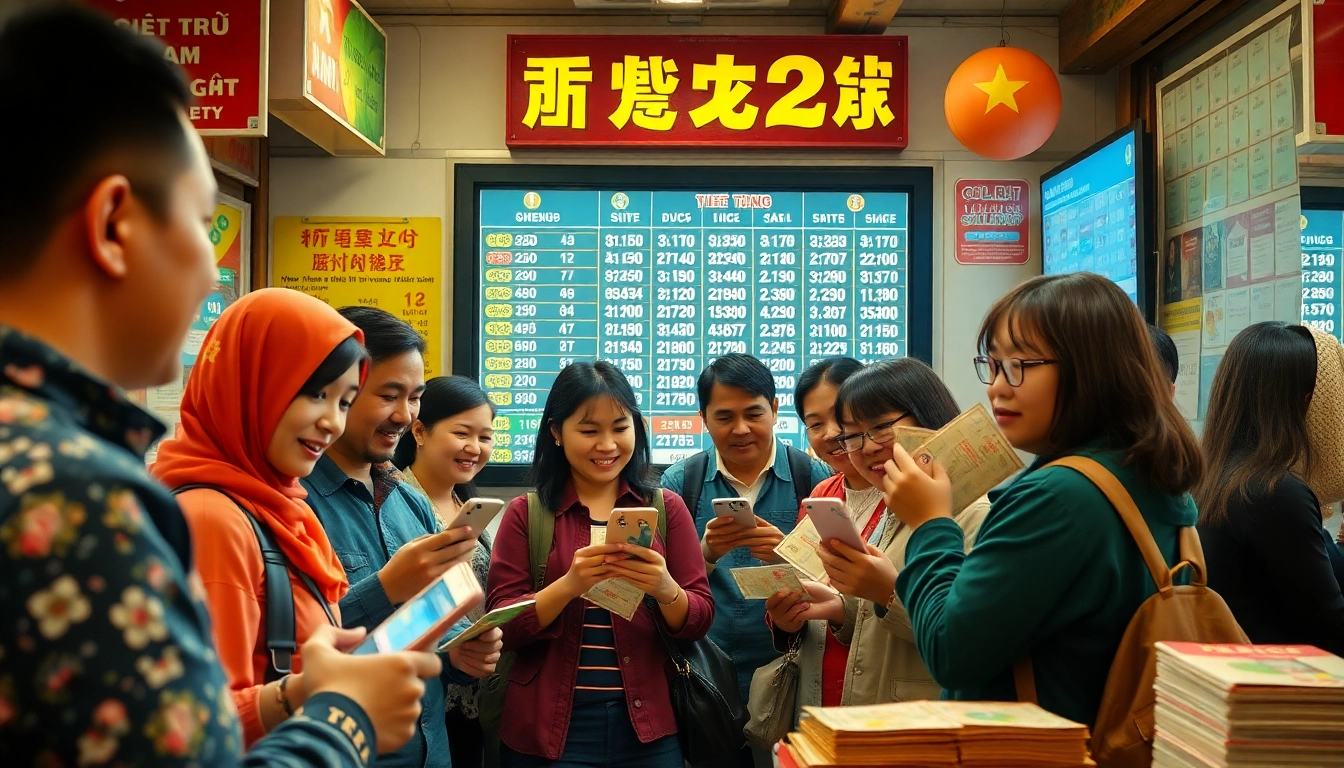 Excited individuals checking lottery tickets for Song thủ lô results in a vibrant Vietnamese lottery corner.