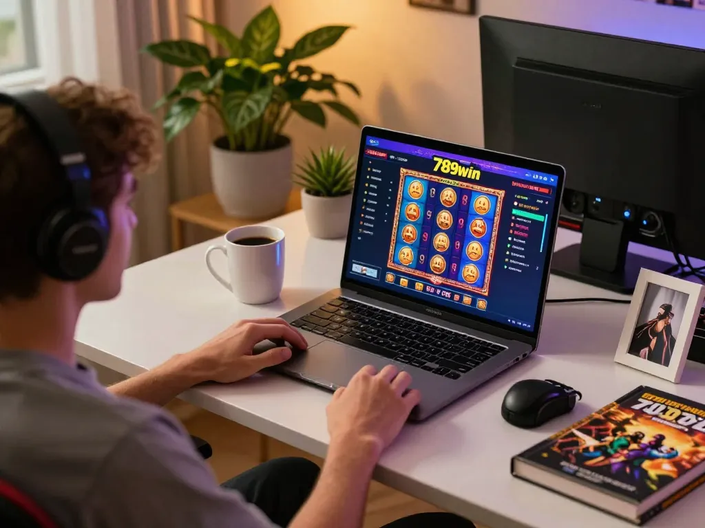 Engaged player enjoying 789win online slots in a cozy home setup, laptop and coffee visible.