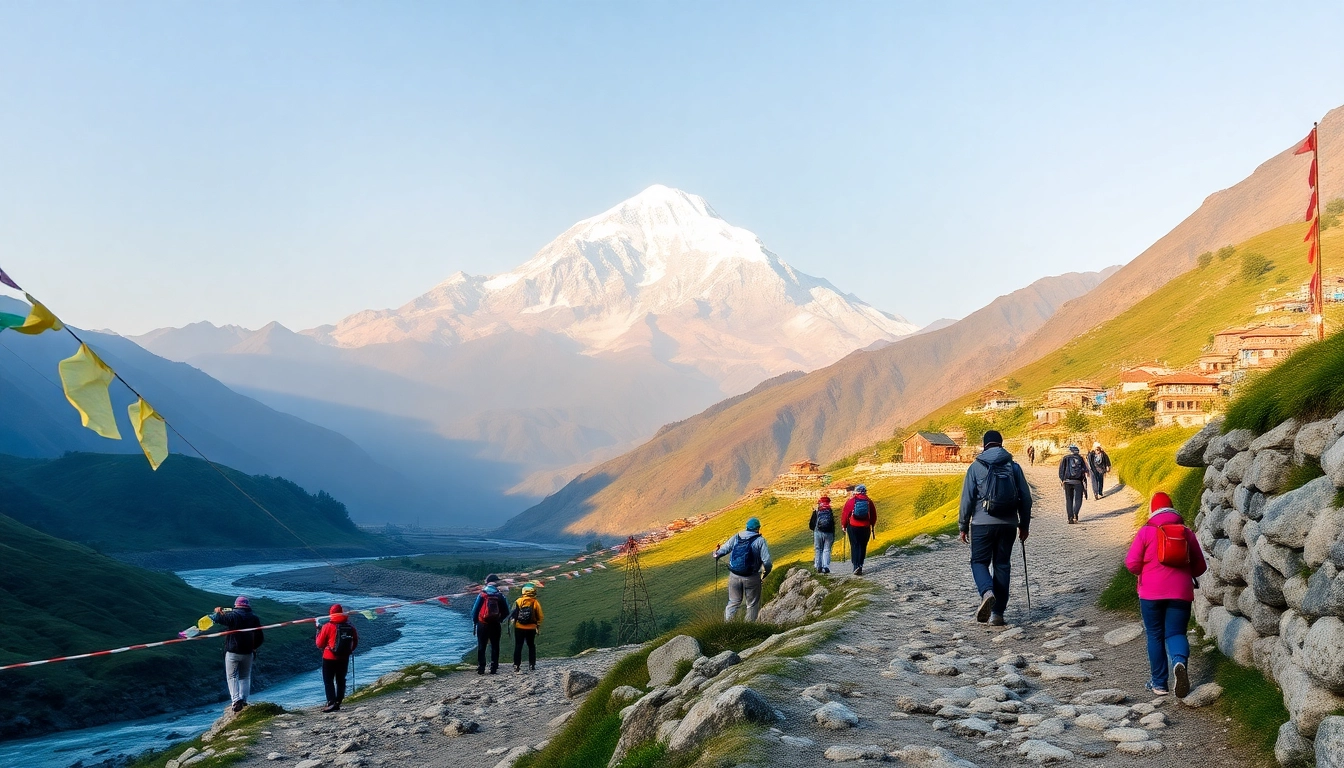 Explore the stunning Manaslu trekking route with breathtaking views of mountains and vibrant trekking scenes.