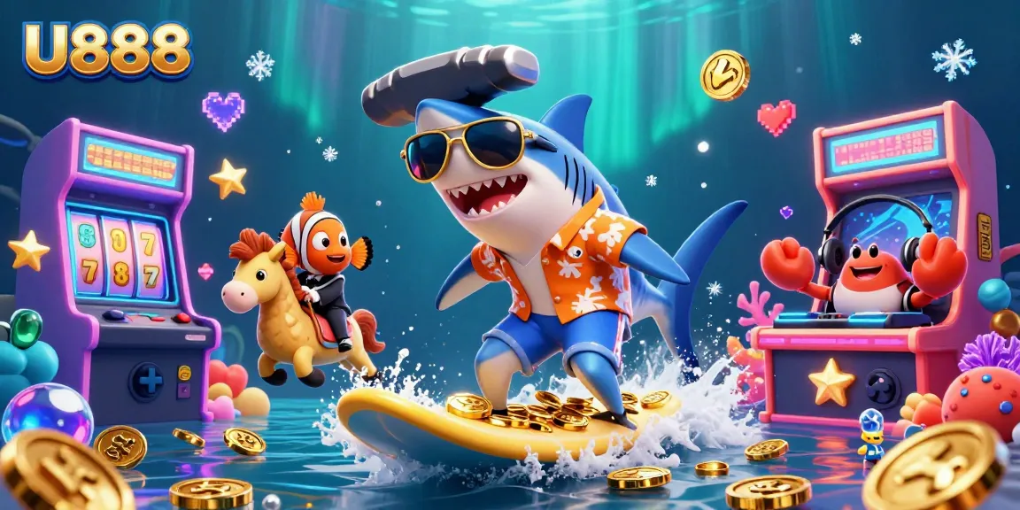U888 Casino offers vibrant gold coin surfing and dynamic gaming action in a playful underwater scene.