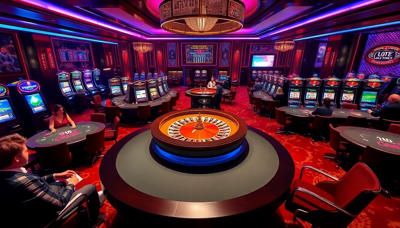 A vibrant casino scene capturing excitement at https://luck882.co.com/, featuring poker tables and a spinning roulette wheel.