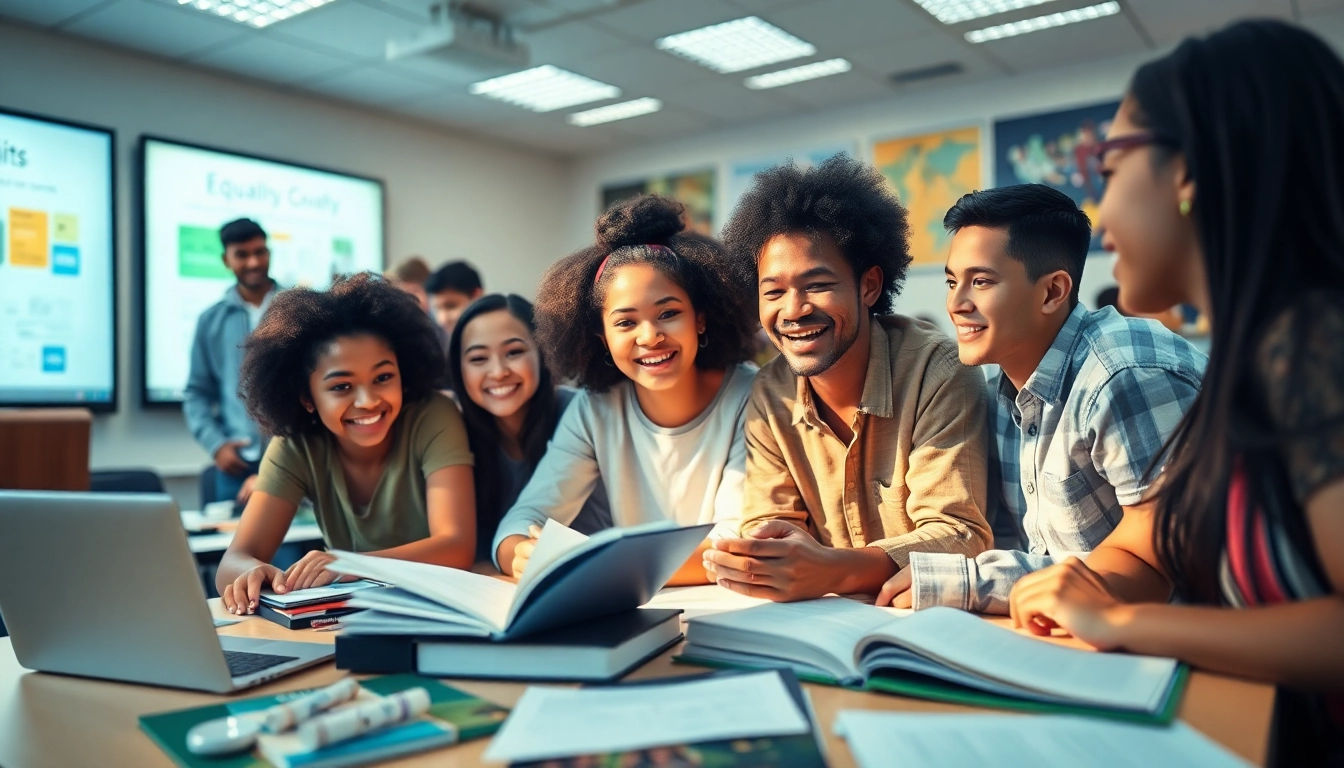 Engaging classroom scene promoting education reform and collaboration among diverse students.
