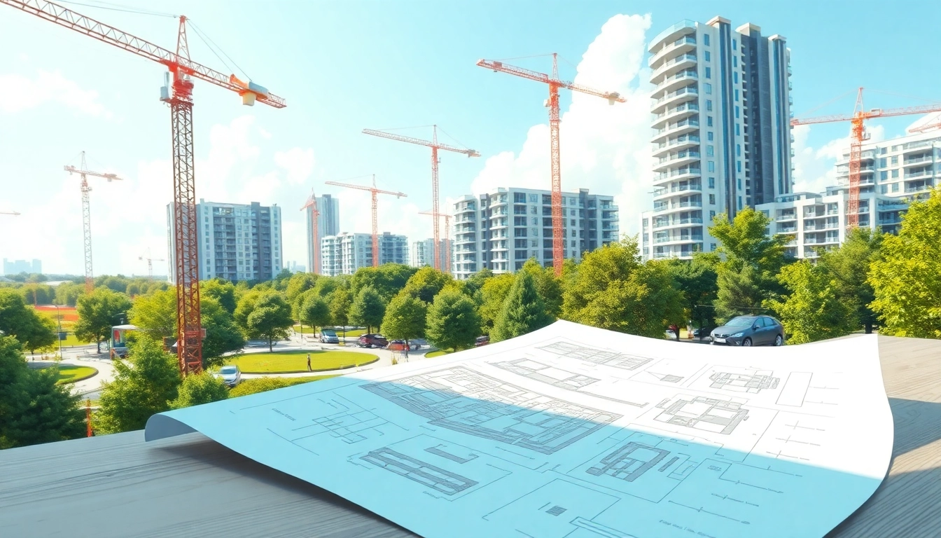 Illustration of Real Estate Development in action with construction workers and blueprints.
