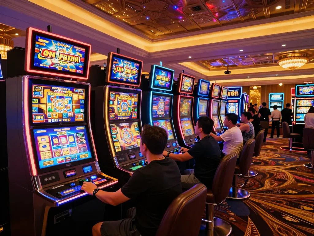 Players enjoying the excitement of slot6000 machines at a luxurious casino with vibrant lighting.